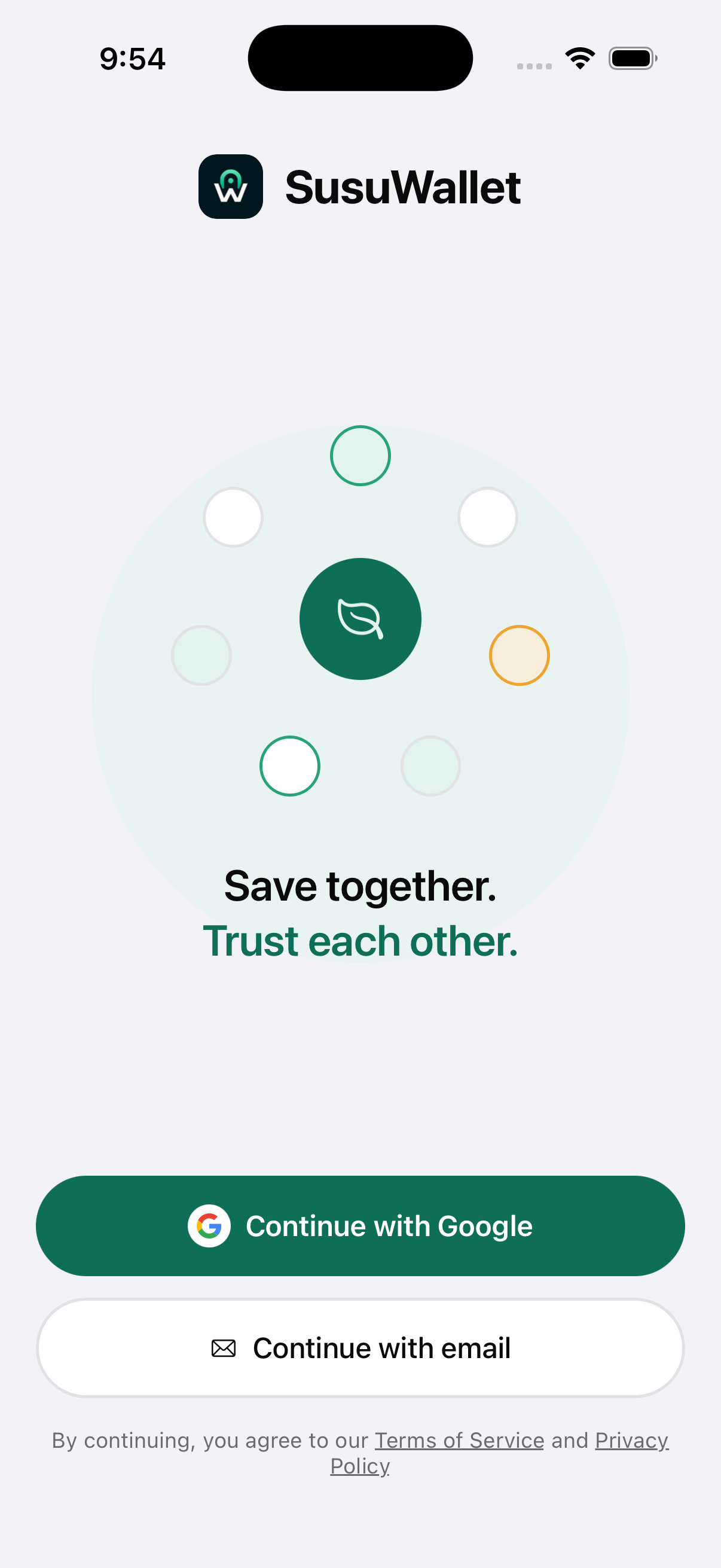 SusuWallet sign-in screen showing the logo, tagline, and continue buttons